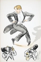 Gentleman in tails and white tie dances to two musicians playing saxophone, from White Bottoms, published 1927
